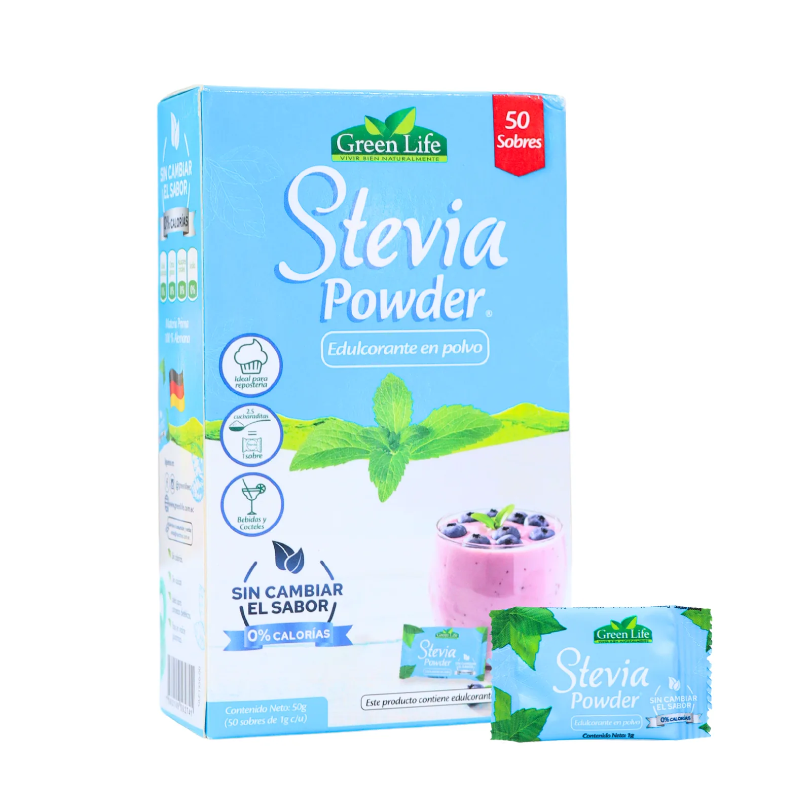 Presentación de STEVIA POWDER 50 SOBRES – GREEN LIFE