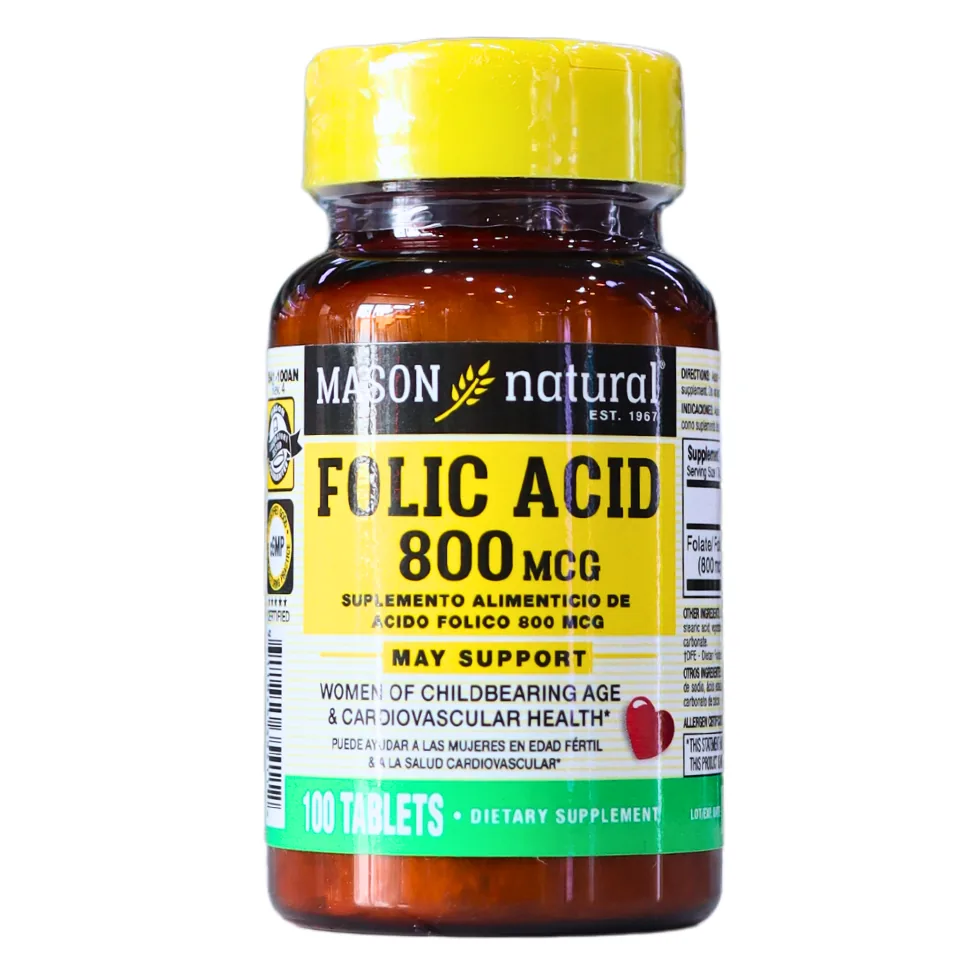 Presentación de FOLIC ACID 800 MCG 100 TABLETS – MASON VITAMINS