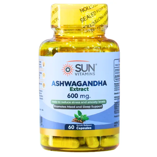 Presentación de ASHWAGANDHA EXTRACT 600 MG (60 CÁPSULAS) – SUN VITAMINS
